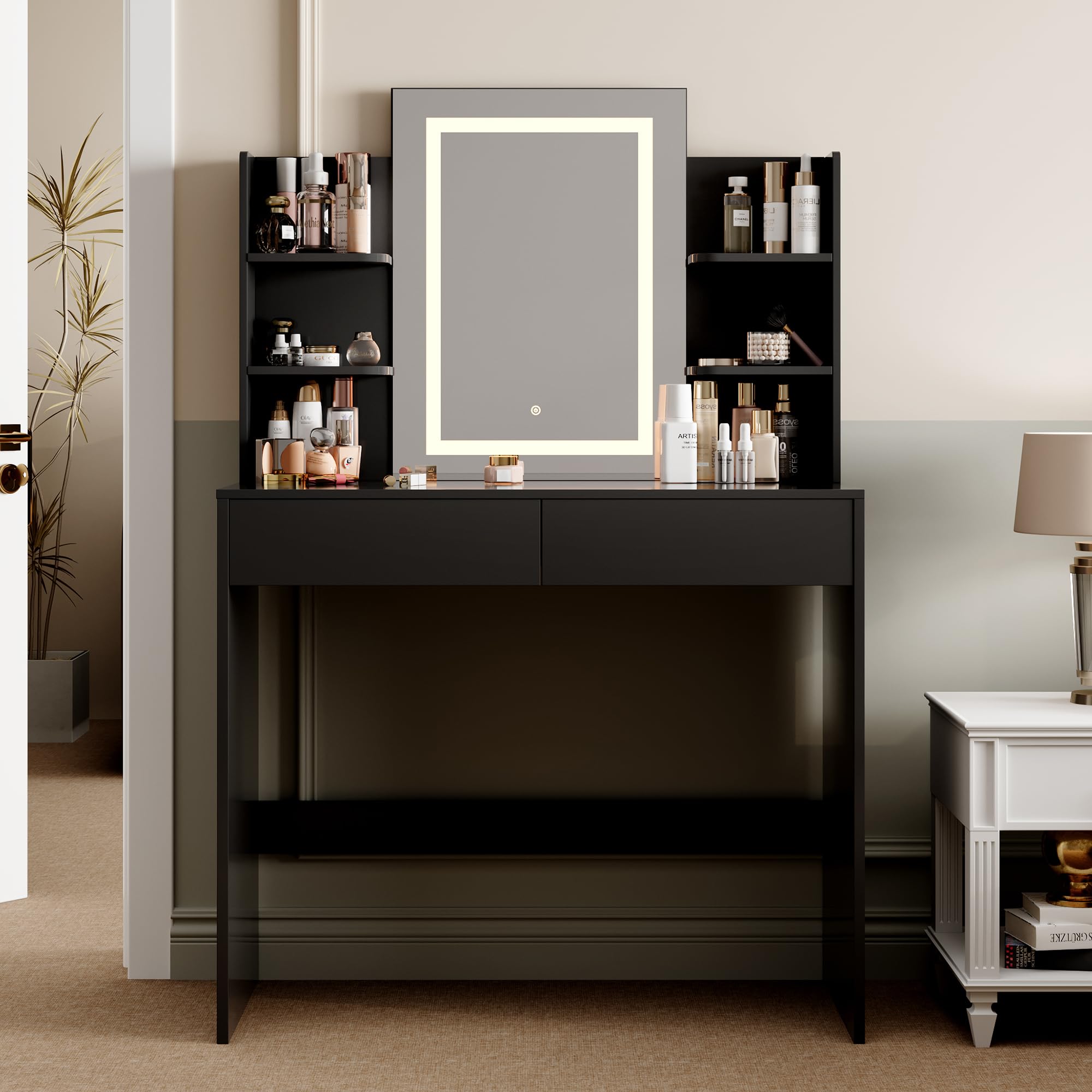 mcc direct Dressing Table, Vanity Desk with Mirror, LED Lights and Drawers, Makeup Desk with Brightness Adjustable, Large Open Storage Areas for Bedroom (Black) - TEXAS
