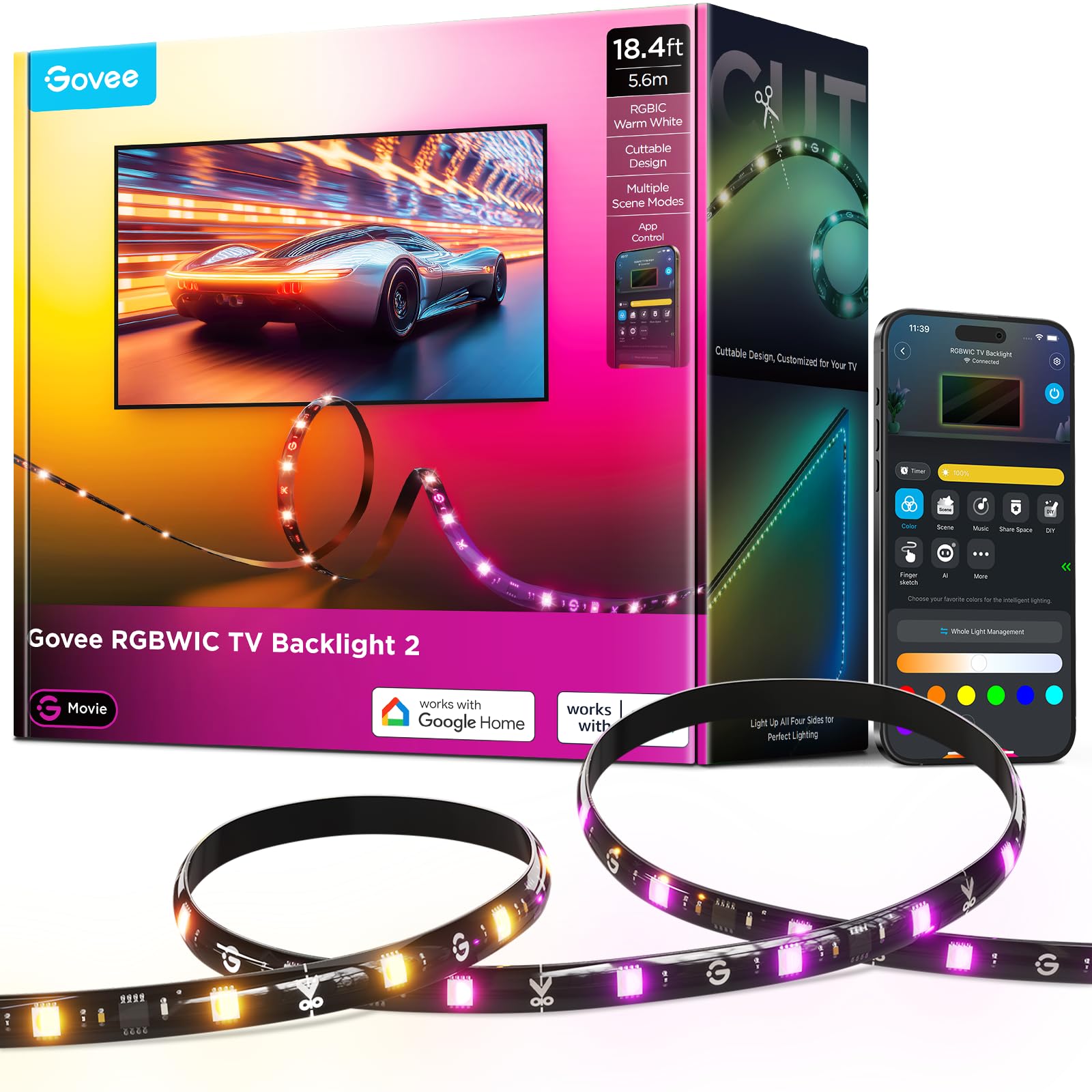 Govee TV LED Hintergrundbeleuchtung 2 Schneidbar für 32-86 Zoll TVs, RGBWIC 5,6m Streifen, 210+ Szenen, Matter-fähig, Musiksync, App-Steuerung, Alexa, Einfache DIY-Installation