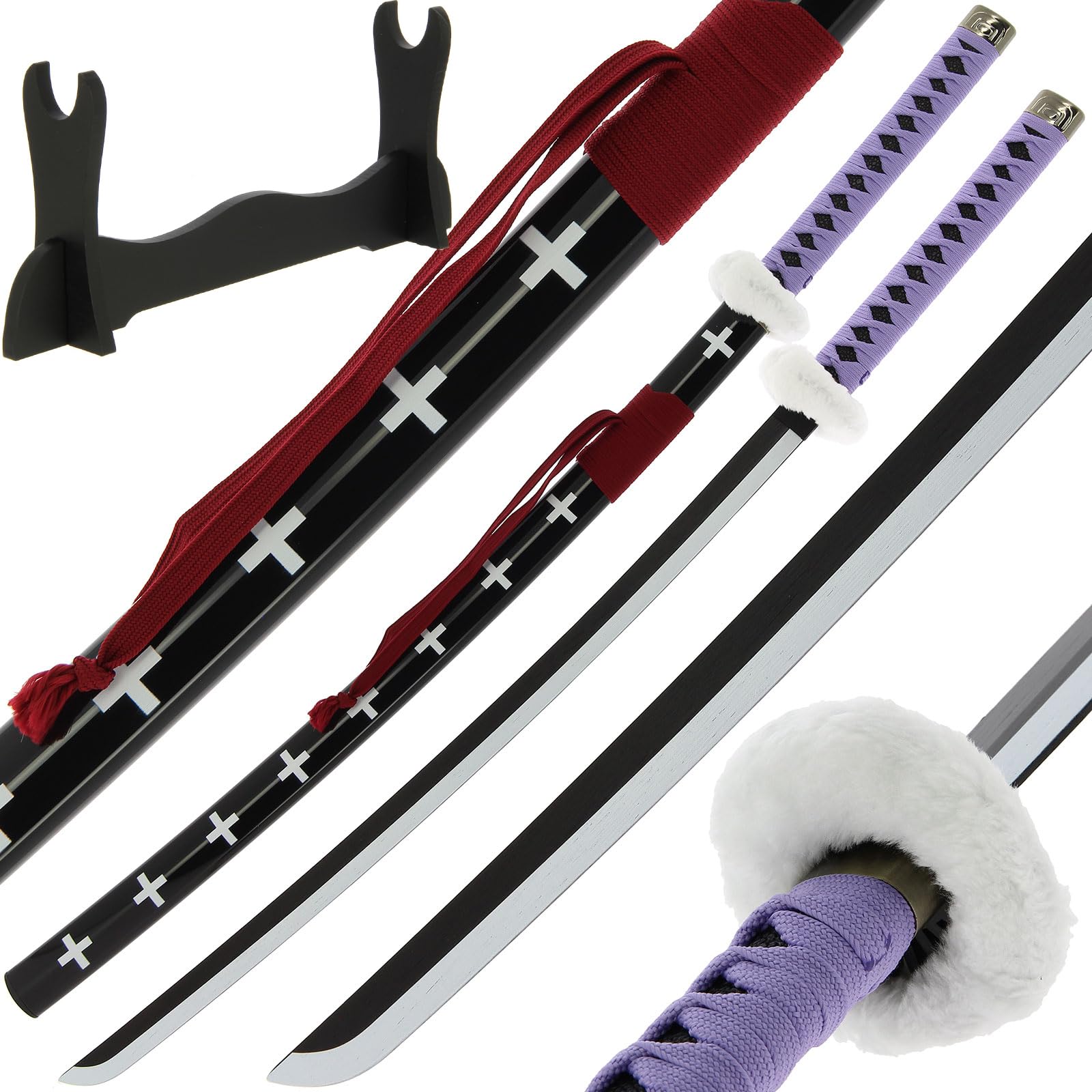 Anime Bamboo Wooden Sword Bokken Prop Cosplay Blunt Sheath Halloween 100cm with Table Stand (Trafa - Purple)