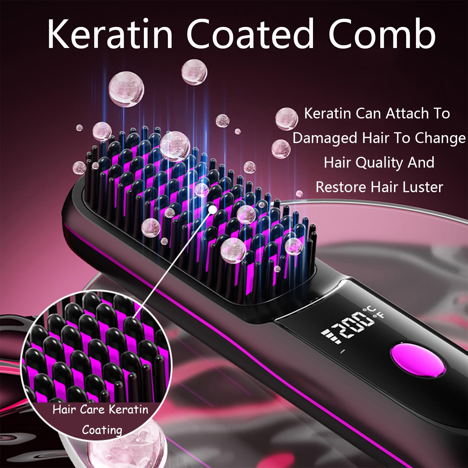 Go Brush Pro Fer à lisser – Peigne sans fil avec ion négatif, chauffage rapide 6000 mAh et design de voyage portable, brosse rechargeable pour lisser et boucler (violet, 1 pièce)