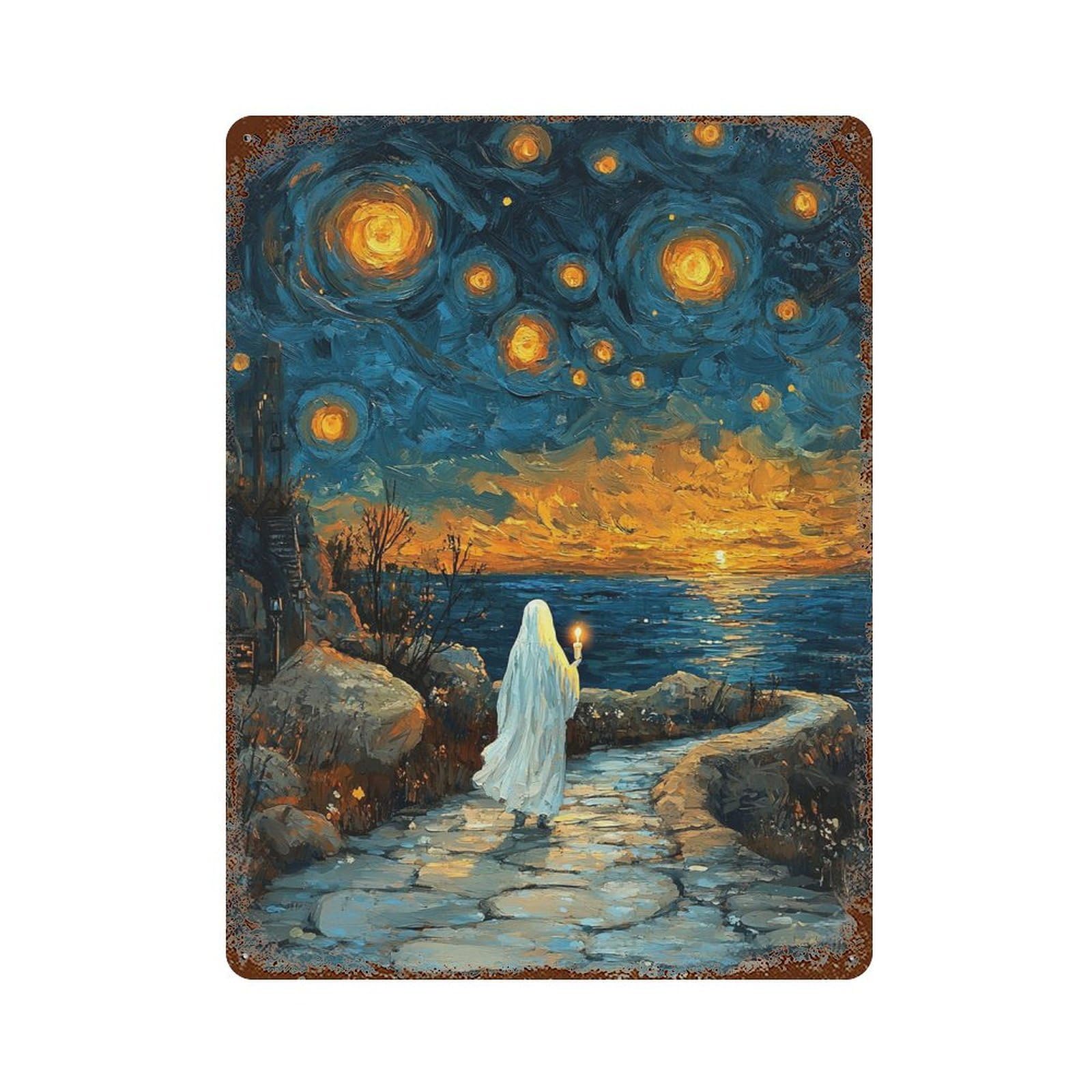 Ghostly Pathway with Candlelight Rust Effect Tin Sign 15.7"x11.8", Vintage Wall Decor for Bistro, Counter And Cafe Decor