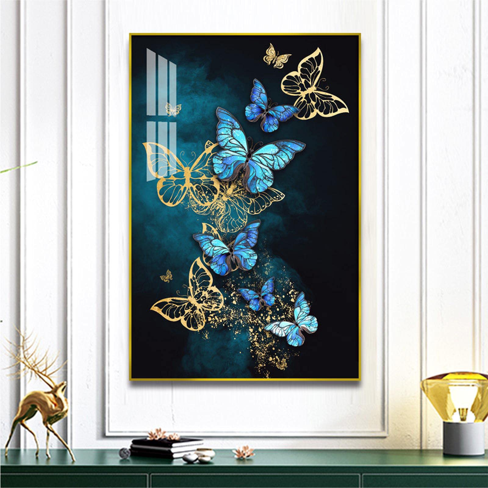 Quadri e poster HD Stampe in HD Farfalla in oro blu su tela Dipinto per soggiorno Estetico Decorazioni per la casa 32 "x48" (80x120 cm) Senza cornice