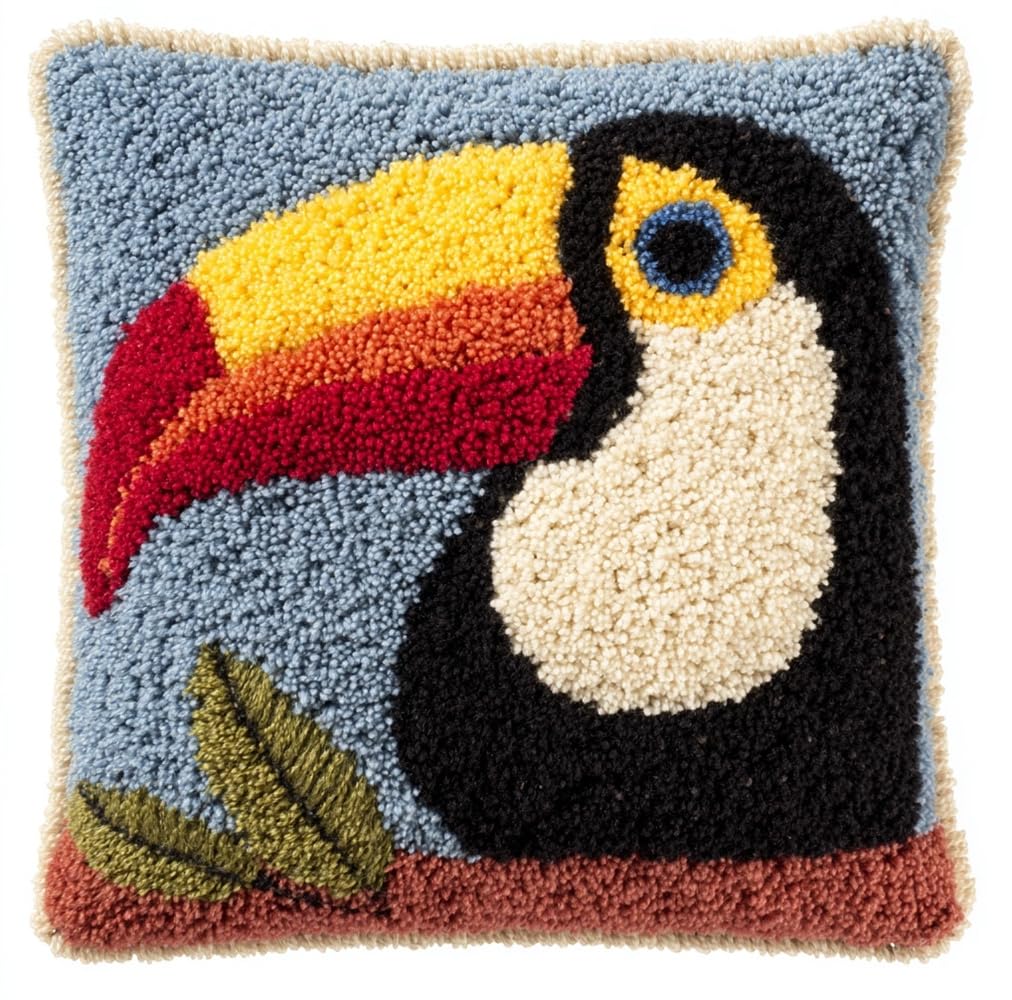 kitphoenix Latch Hook Kits Make Your Own Cushion,Toucan Animal 17X17Inch Pre-Printed Canvas Crochet Pillow Case Latch Hook Cushion Cover Hobby & Crafts