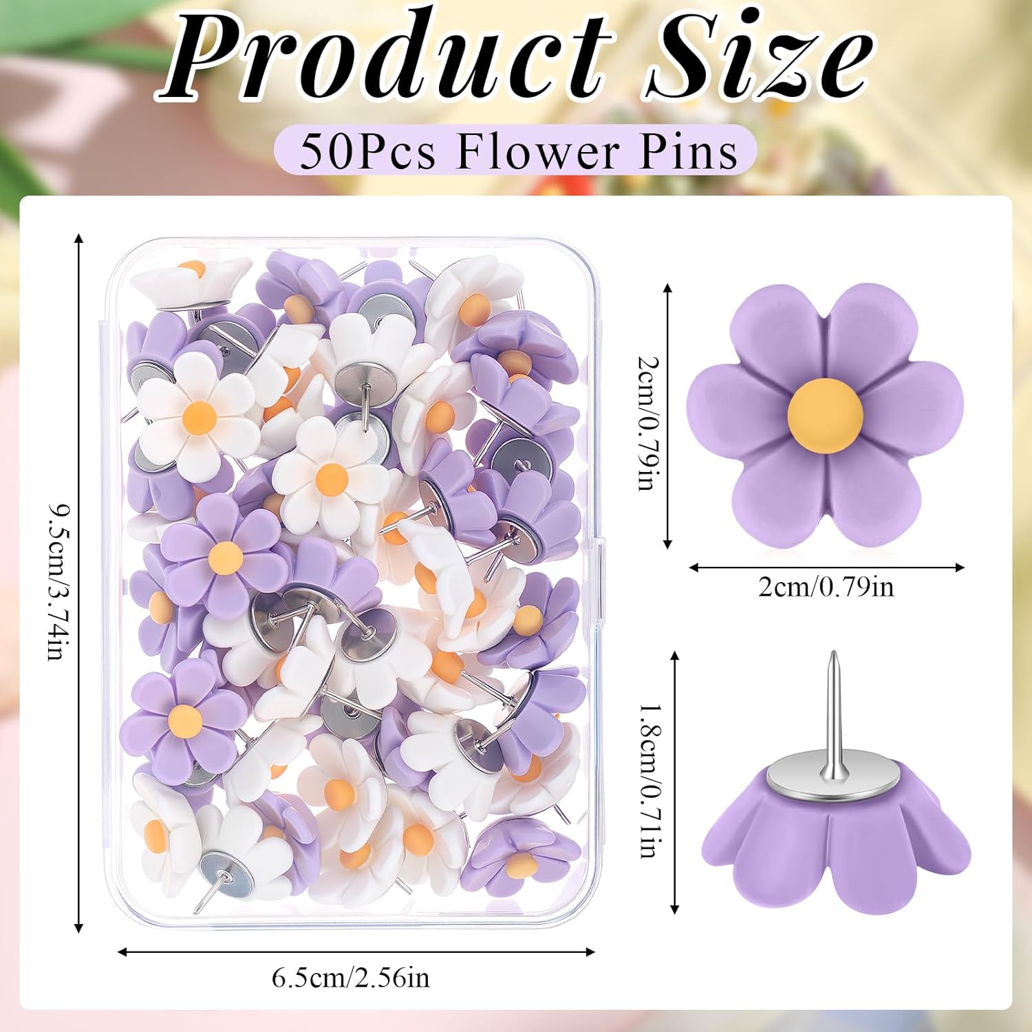 50 Pcs Flower Push Pins Cute Push Pins for Cork Board Decorative Floret Wall Thumb Tacks for Bulletin Board Office Hanging Photo Poster Wall (Purple,White)