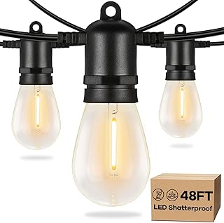 Brightever LED Outdoor String Lights for Patio with 16 Shatterproof S14 Vintage Edison Bulbs, 48FT Waterproof Hanging Lights for Outside, Porch, Deck, Bistro, Cafe, Balcony Lights, 2700K Warm White