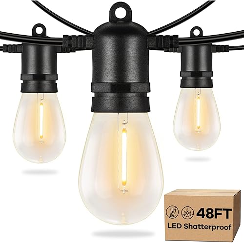 Brightever LED Outdoor String Lights for Patio with 16 Shatterproof S14 Vintage Edison Bulbs, 48FT Waterproof Hanging Lights for Outside, Porch, Deck, Bistro, Cafe, Balcony Lights, 2700K Warm White