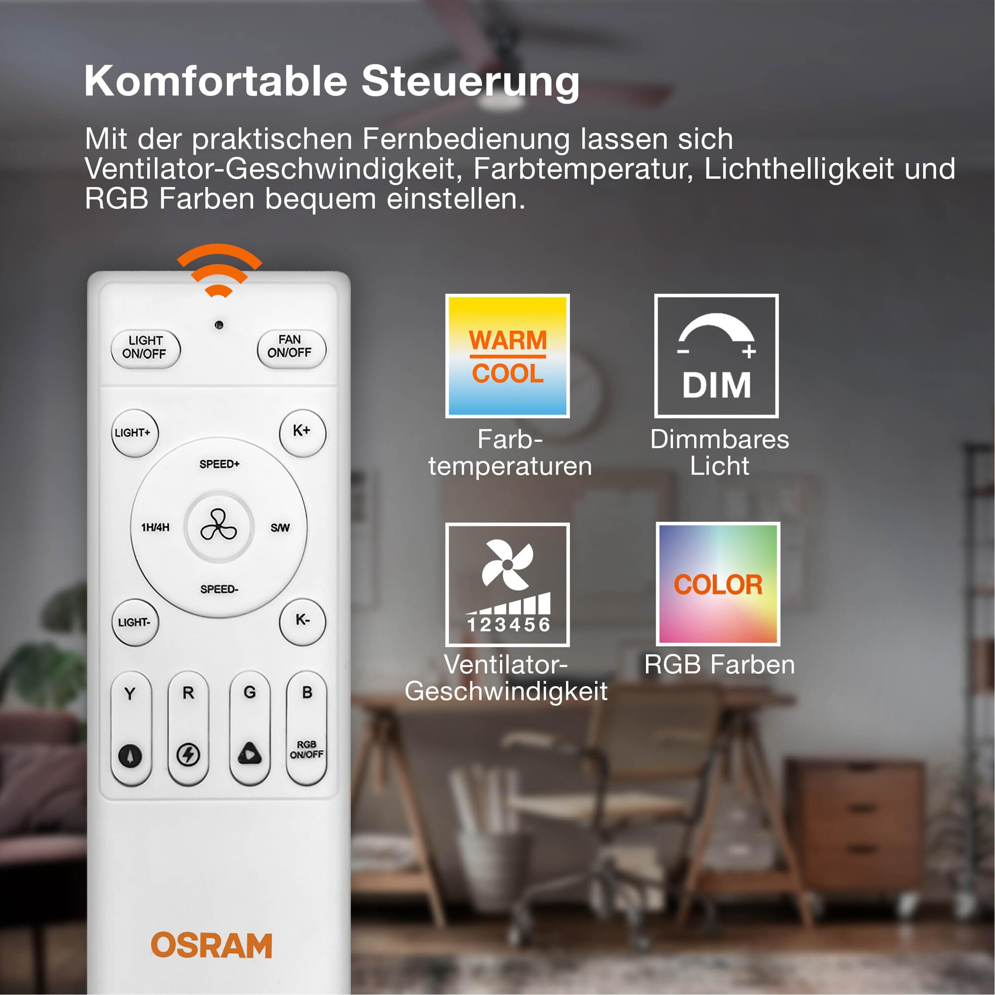 Osram LED-Deckenventilator Bayamo 590mm, 58 W, 2530 lm, CCT 3000-6500 K, RGB, 110° Abstrahlwinkel, 1935 m³/h Luftstrom, 50000 h Lebensdauer, dimmbar, Fernbedienung