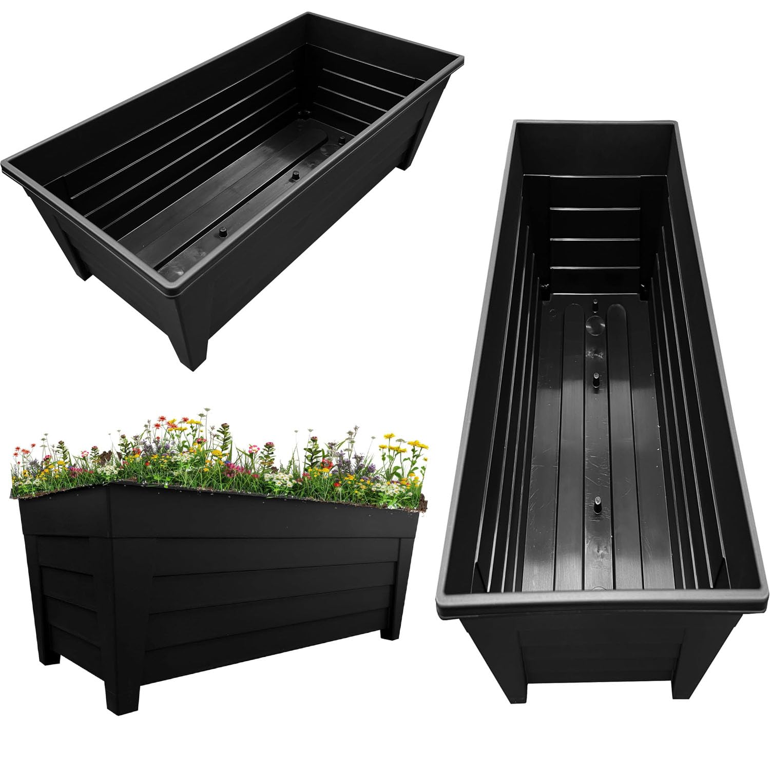 Pluto Packaging Black 4 Large Grosvenor Trough Planter For Home, Office, Gardens, Greenhouses & Patios