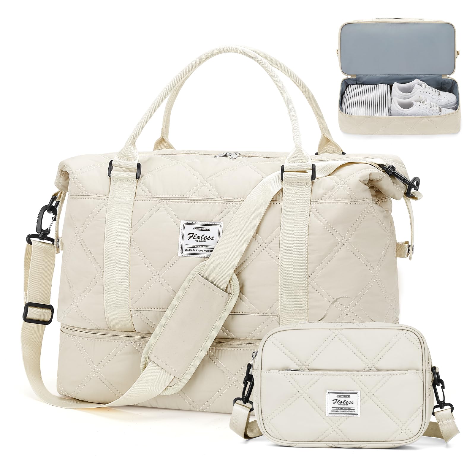 Weekender Bags for Women,Personal Item Travel Bag with Shoes Compartment,Overnight Travel Duffel Bag with Toiletry Bag,Quilted Beige