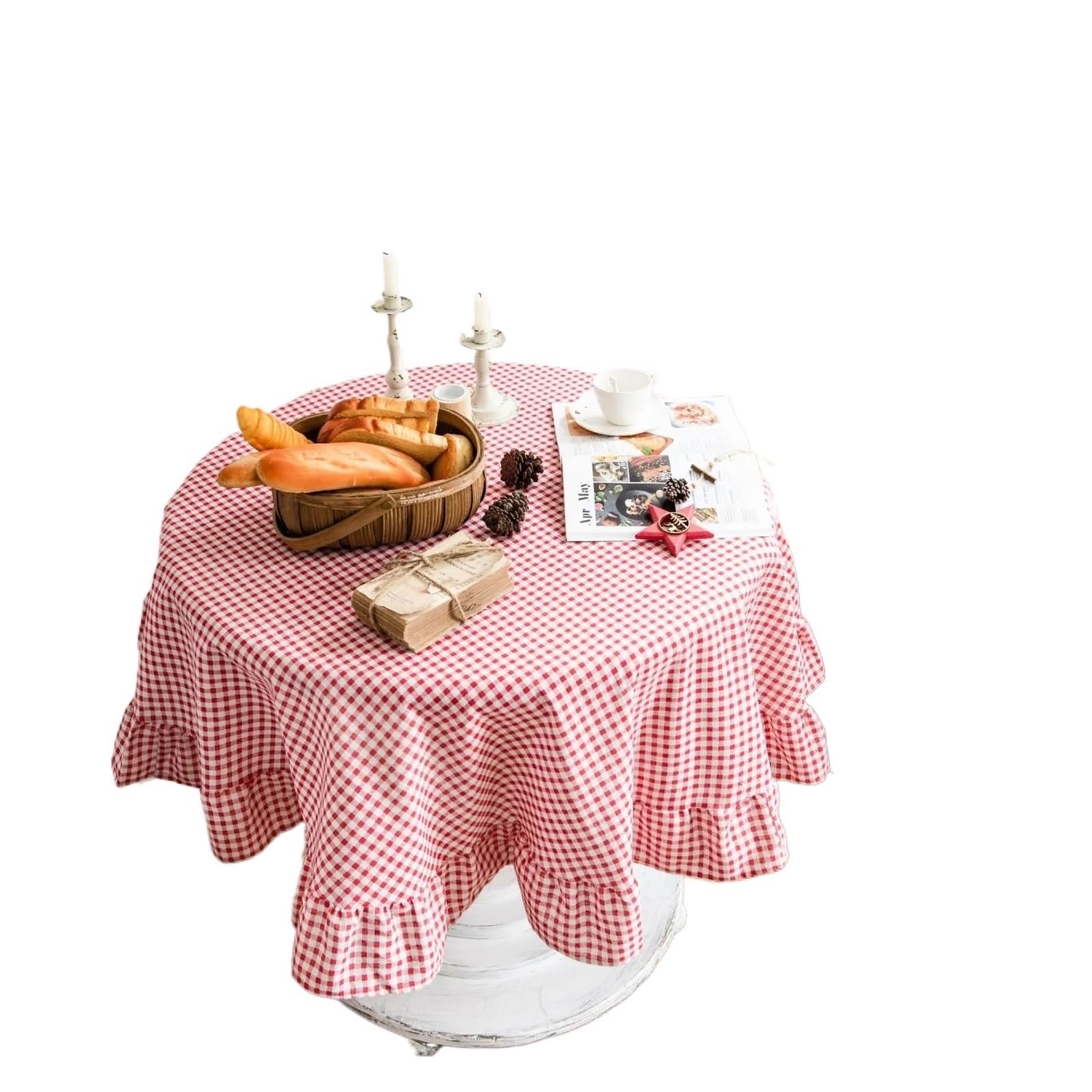 Table ClothRuffle, Ruffle Tablecloth Plaid Linen-cotton Table Cover Multicolor Multiple Sizes(Red,140x180cm)