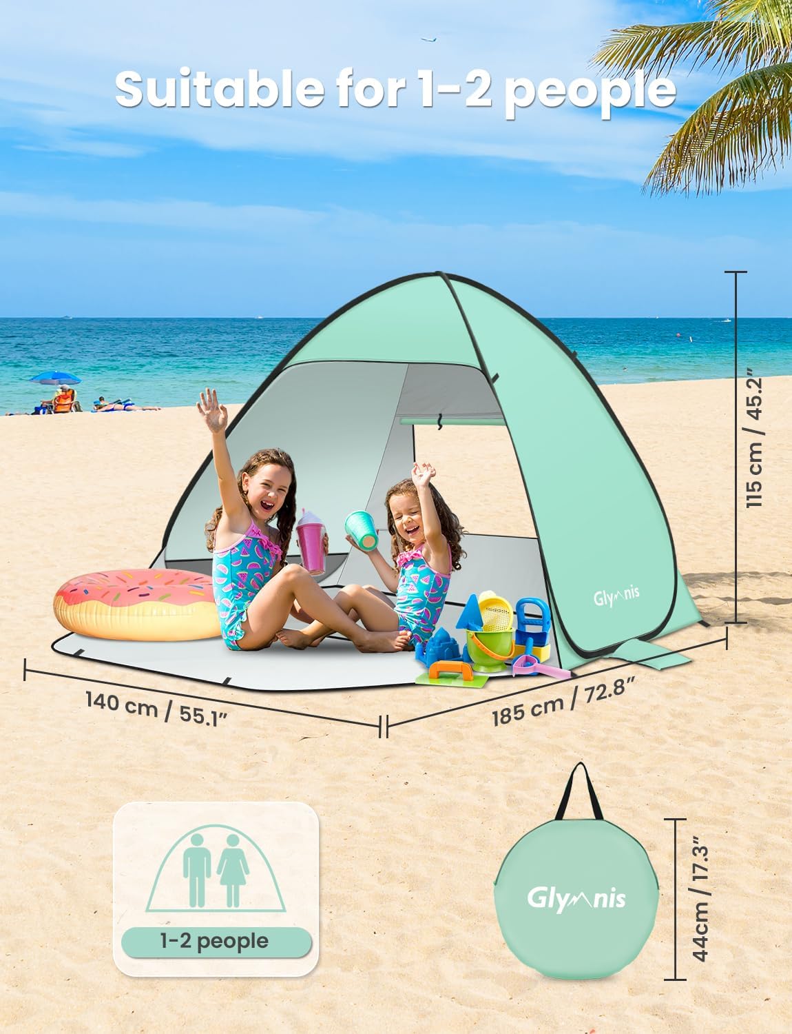 Glymnis Pop Up Beach Tent Beach Shade Tent for 1-4 Persons Sun Shelter UPF 50+ Enclose Zipper Door Portable Easy Up Beach Tent