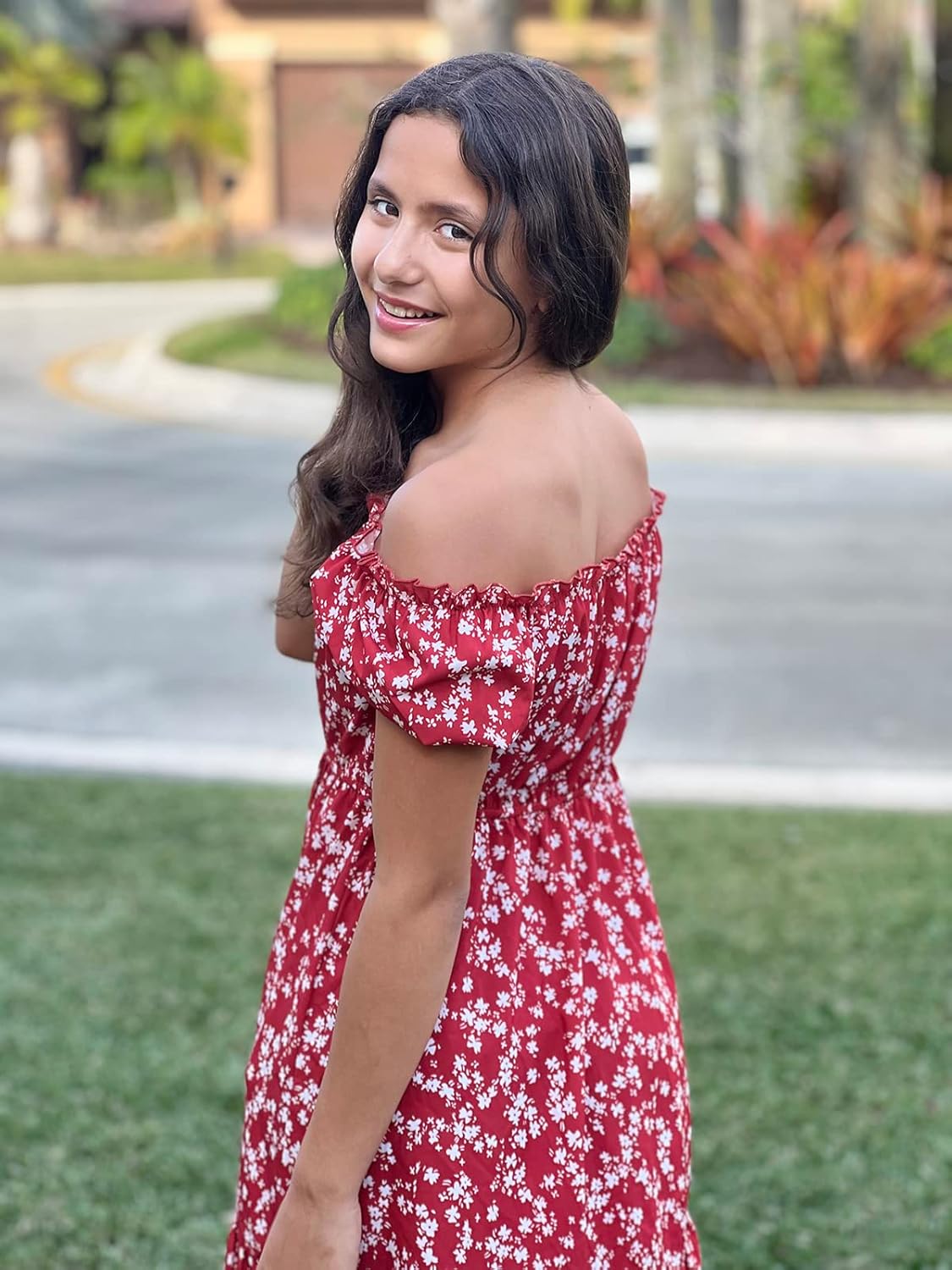 Girls Summer Dress Kids Floral Square Neck Puff Sleeve A-Line Midi Dresses - Image 4