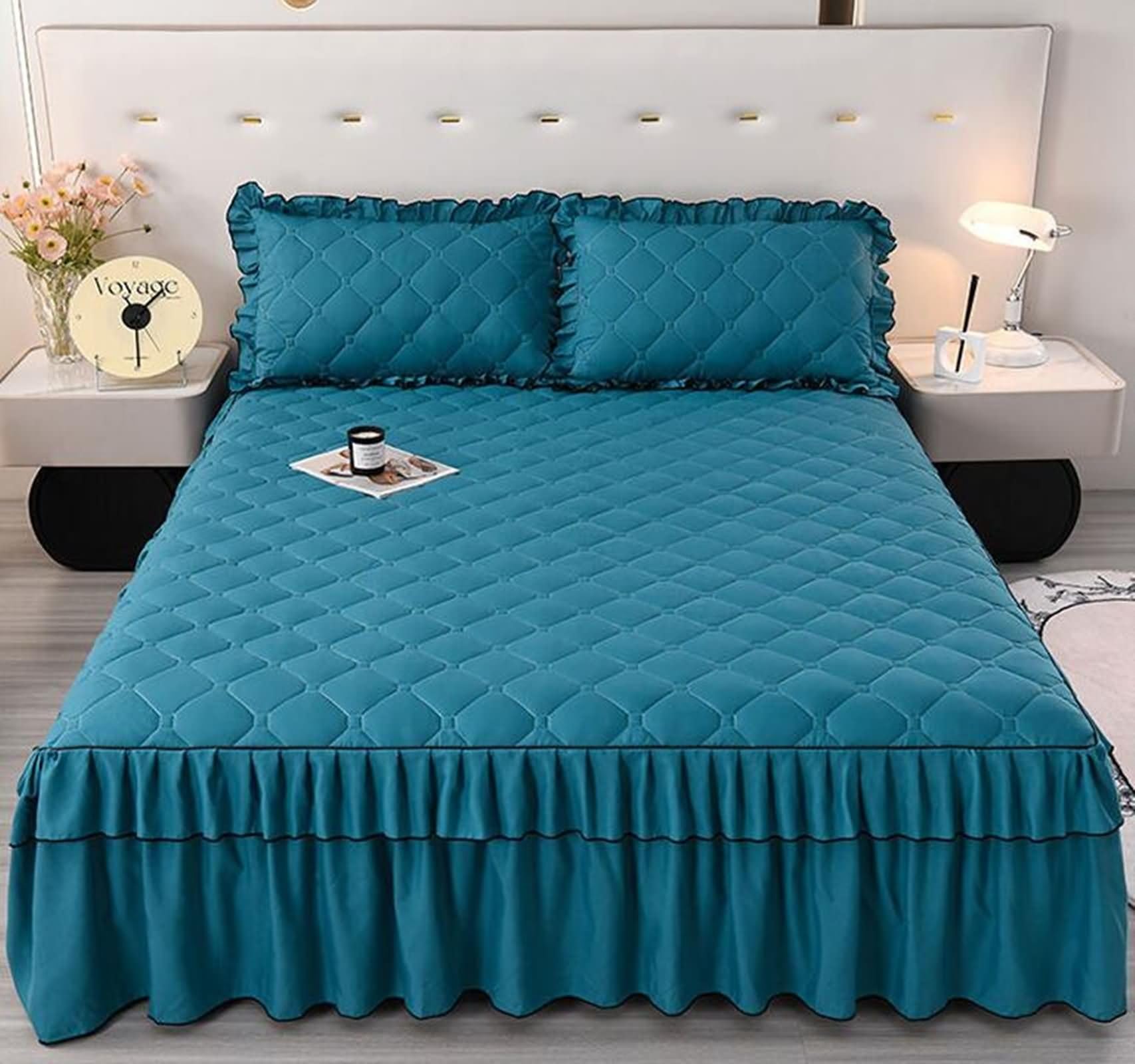 Spannbetttuch 120x200cm Pfauenblau Einfarbig, Bettspanntuch Polyester Rüschenmuster Bettlaken Boxspringbett