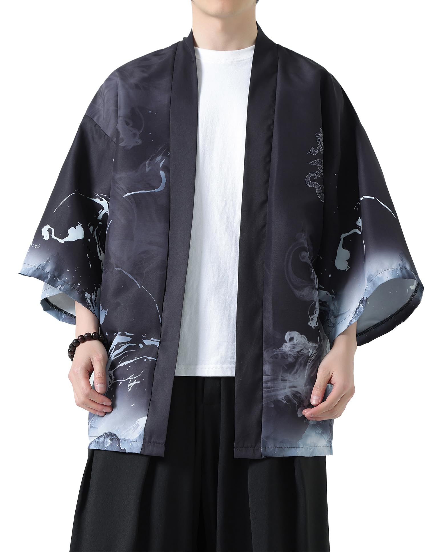 PRIJOUHE Men's Kimono Cardigan Jacket Japanese Style Flying Crane Seven Sleeves Open Front Coat