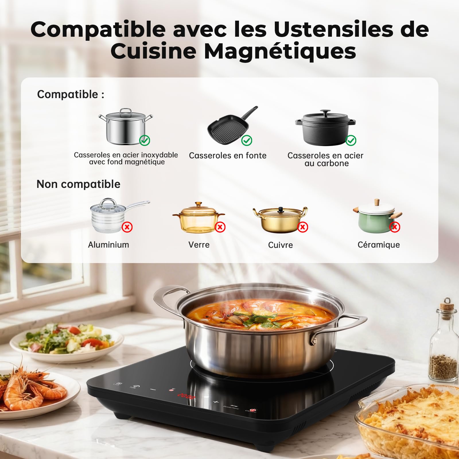 Plaque Induction 1 Feu 2000W, Plaque de Cuisson Electrique Portable, Tables de Cuisson Induction, 10 Niveaux de Puissance, Commande Tactile, Verrouillage Enfant