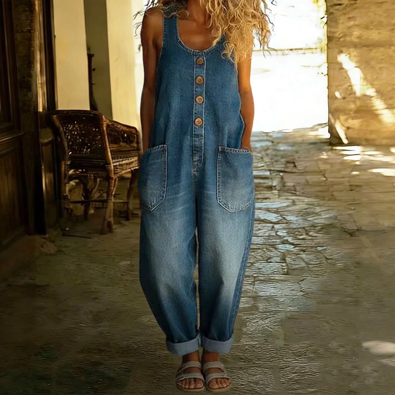 Combinaison Femme Jean Coton Lavé Boutonnée sans Manches Grandes Poches Coupe Ample Décontractée Rétro Salopette Pantalon Travail Chic Été Quotidien Vacances Loisirs