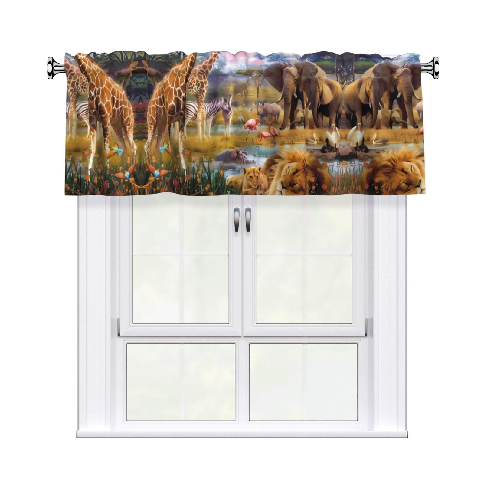 WHJSHOP Wild Animals Prints Curtain Valance 54x18in - Peach Skin Kitchen Window Layer, Filtered Light & Quick-Install Rod Pocket Cover
