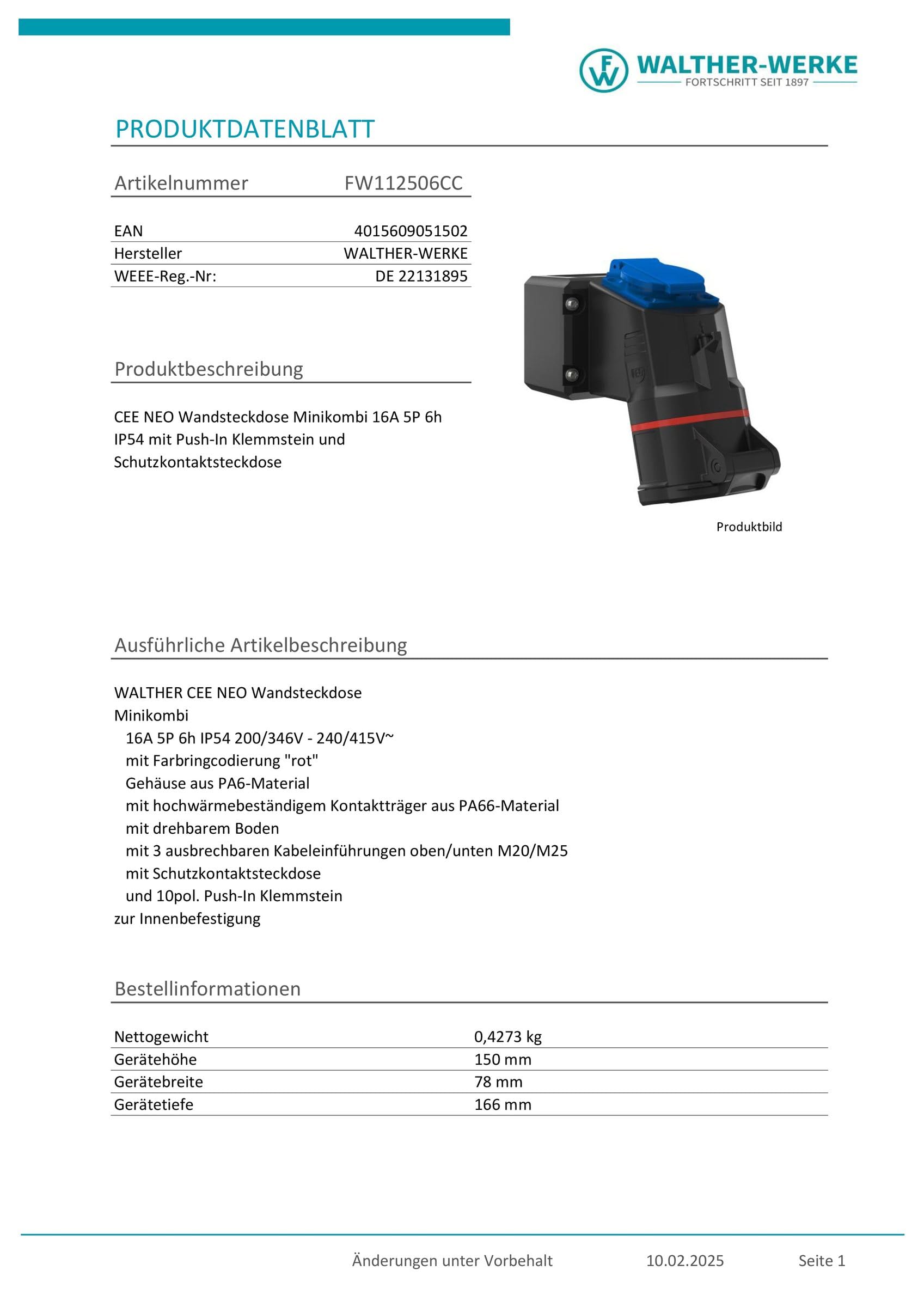 Walther Werke FW112506CC CEE Prise murale 16 A 5 broches 230 V, 400 V 1 pièce