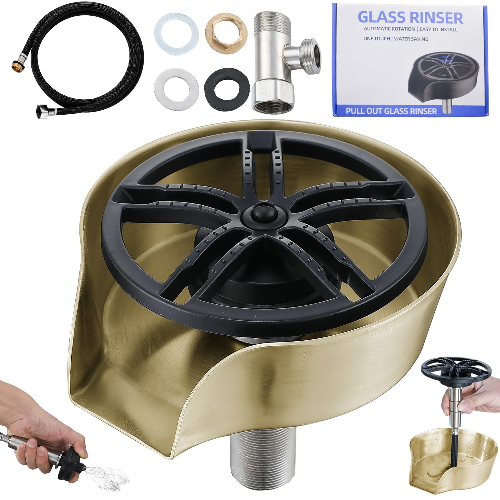 Enjuagador de vidrio 2 en 1 para fregadero de cocina, barra de acero inoxidable con protector de manchas, pulverizador extraíble para lavadora de tazas, limpiador de botellas (brillante)