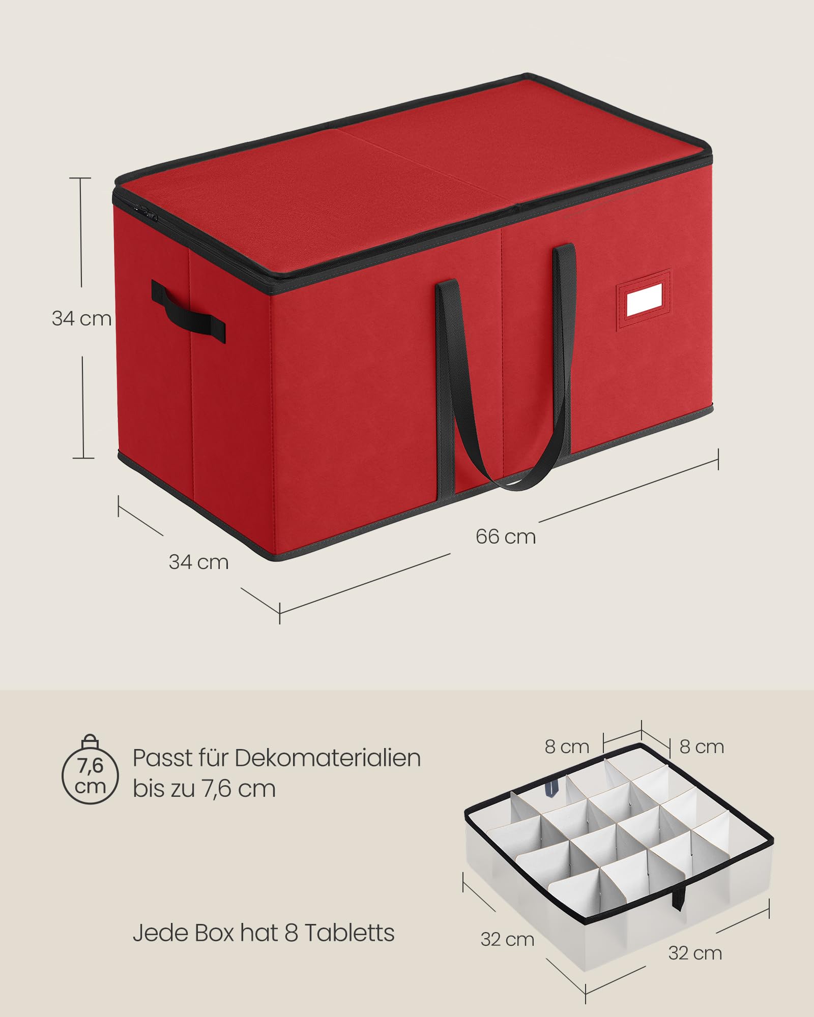 SONGMICS Aufbewahrungsbox für Weihnachtskugeln, mit Deckel, 8 Tabletts | Weihnachtskugeln Aufbewahrung, Doppelreißverschluss, 600D Oxford-Gewebe, 128 Fächer je 7,6 cm, TYLA Kollektion RFB043R01