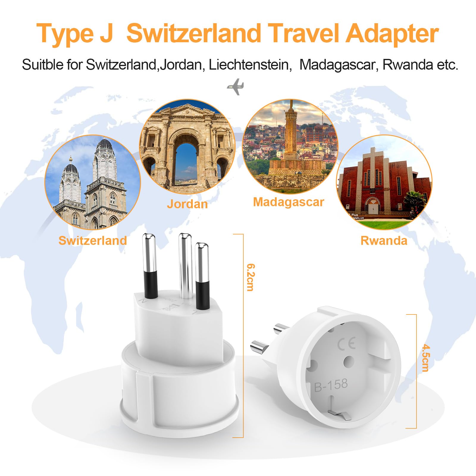 3 Pièces Adaptateur Prise Suisse Adaptateur France Suisse, 2 Broches Europe vers 3 Broches Type J, Adaptateur Voyage France vers Suisse Maldives, Rwanda, Liechtenstein