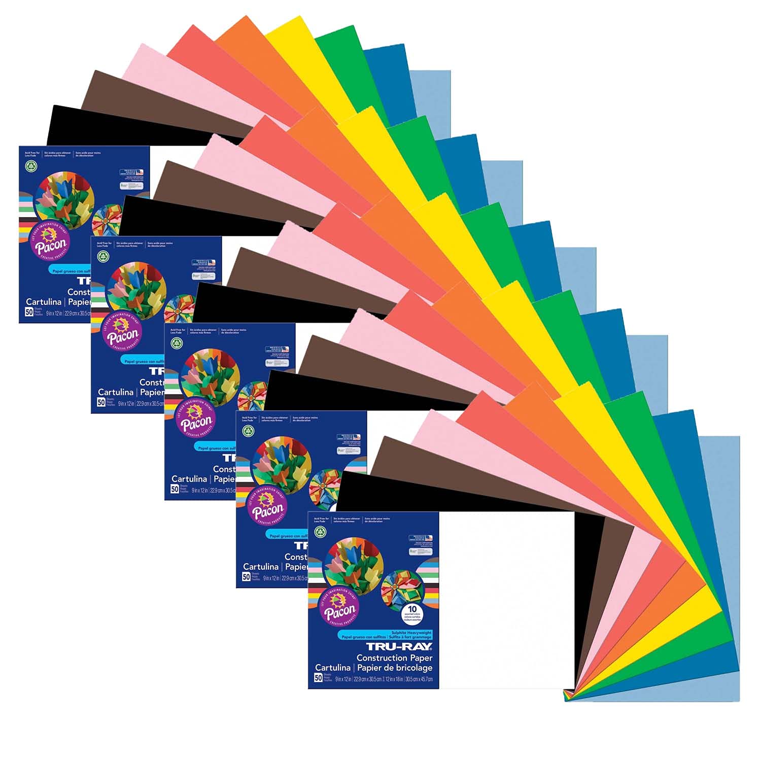 Tru-Ray(r) Construction Paper, Standard Assorted, 12" x 18", 50 Sheets Per Pack, 5 Packs