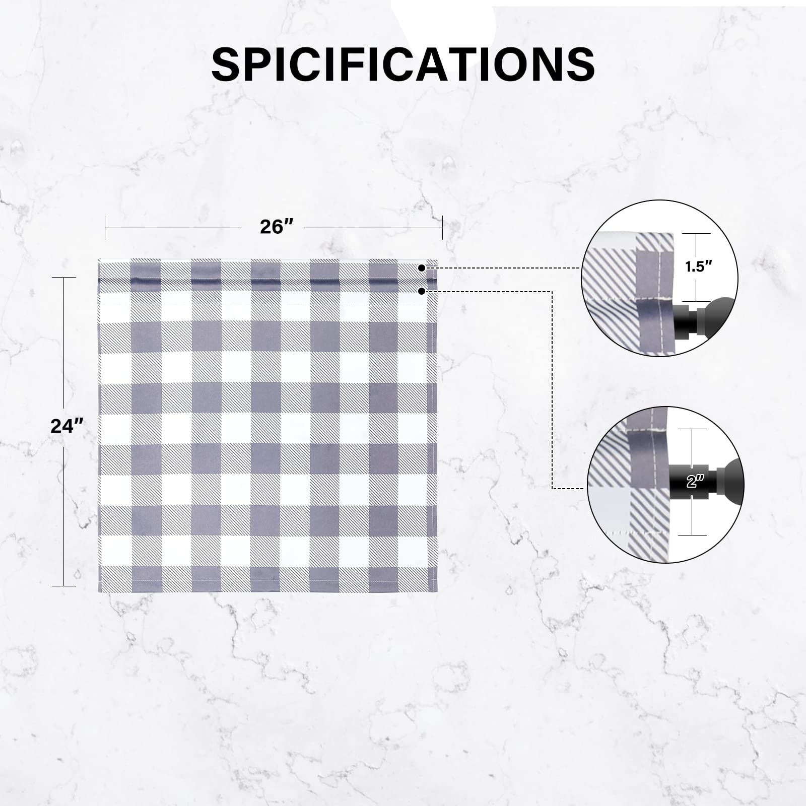 Buffalo Check Kitchen Tier Curtains - White & Gray Plaid 26x30 Inch Cafe Window Curtains