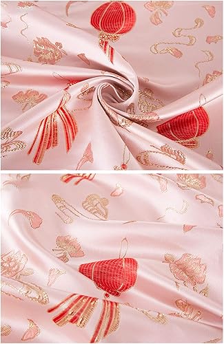 Miniatura 4 de BAWHO Besutiful Dyeing Jacquard Silk Satin Fabric Inelastic Cheongsam Style Pink Festive Red Lantern Pattern Golden Line Edge Cloth for Tang Suit