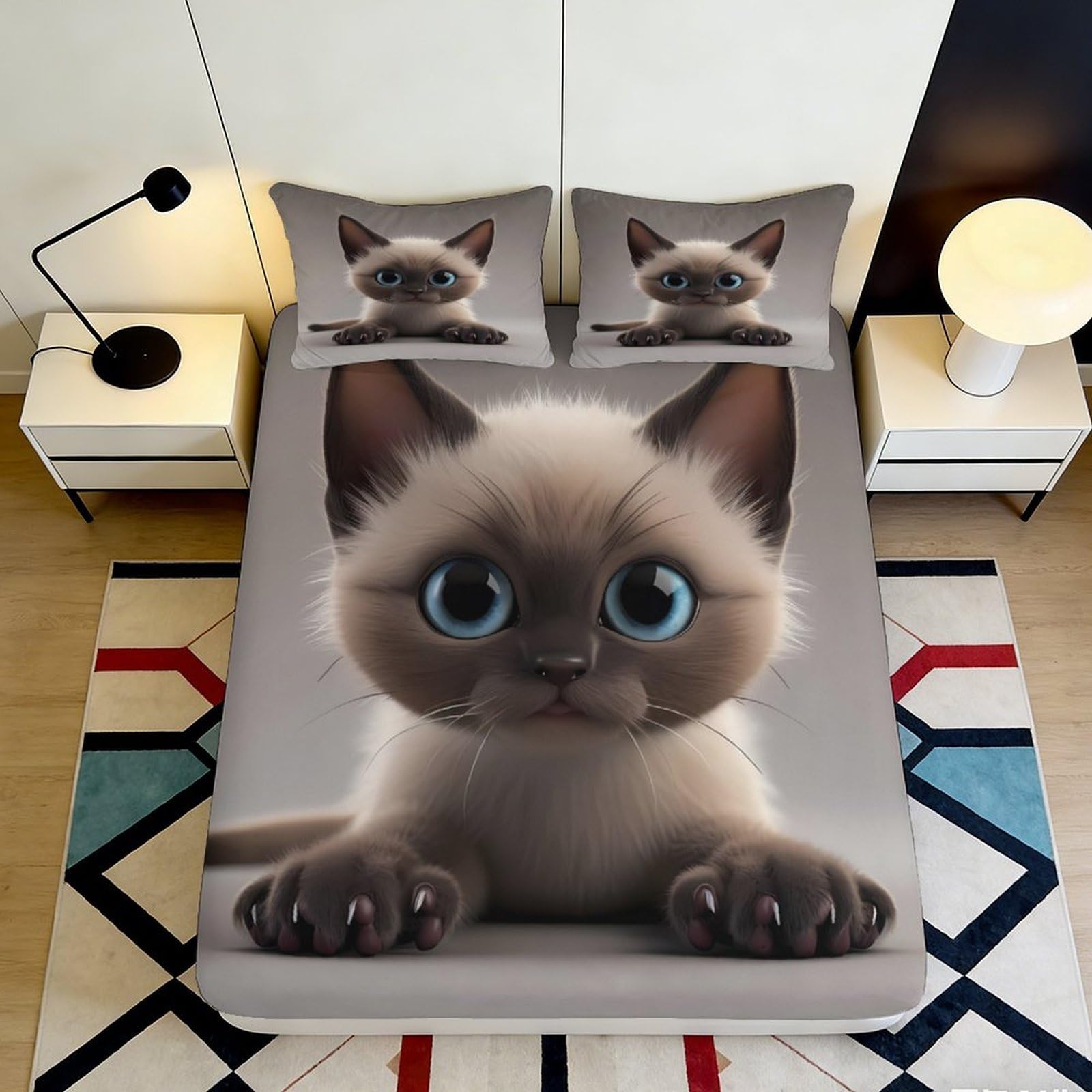 3D Printed Cute Cat Fitted Sheet Microfiber Soft Bedroom Decor Animal Bed Cover for Adult Teen Guest Room 90x200x25cm