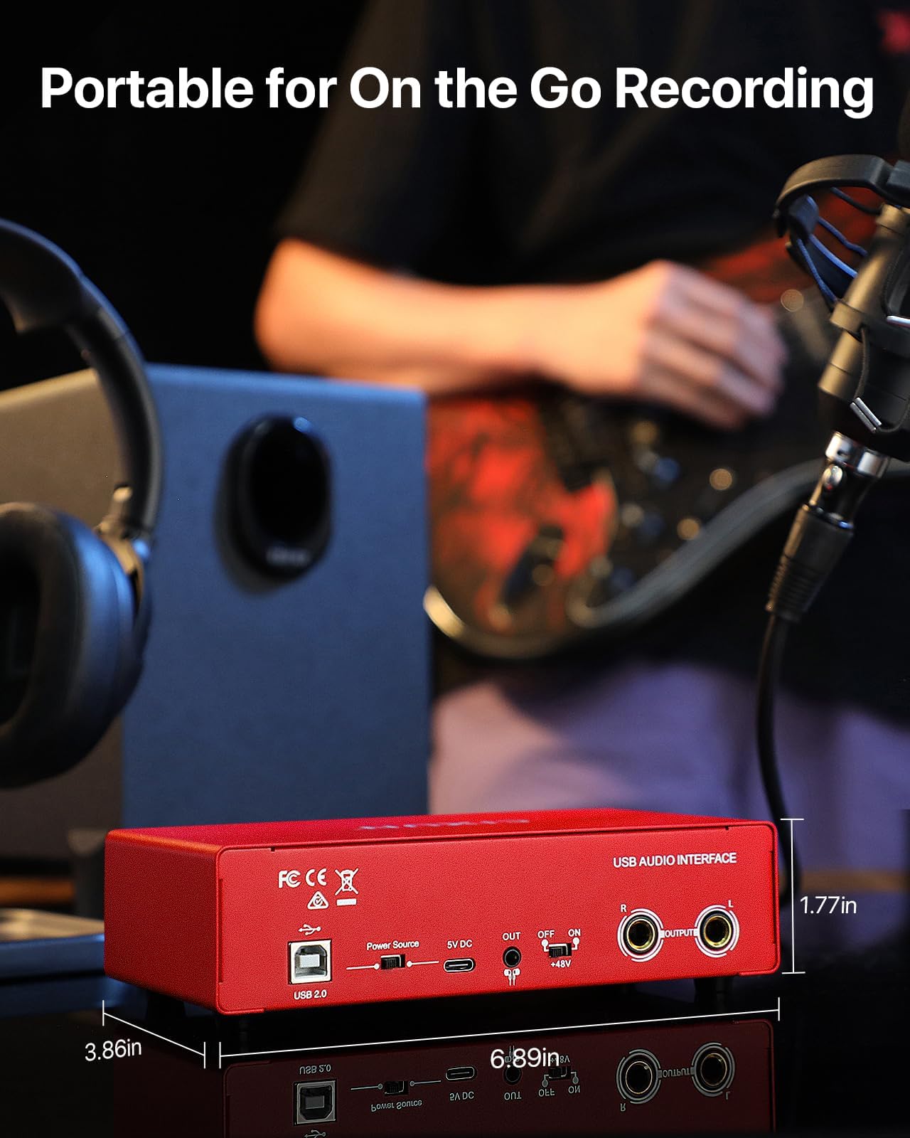 Carte Son Externe,2×2 Interface Audio USB-C pour PC,24 Bits/192 kHz, Doubles Entrées TS/XLR,Alimentation Fantôme +48 V,pour Studio/Podcast/Diffusion en Direct (Rouge)