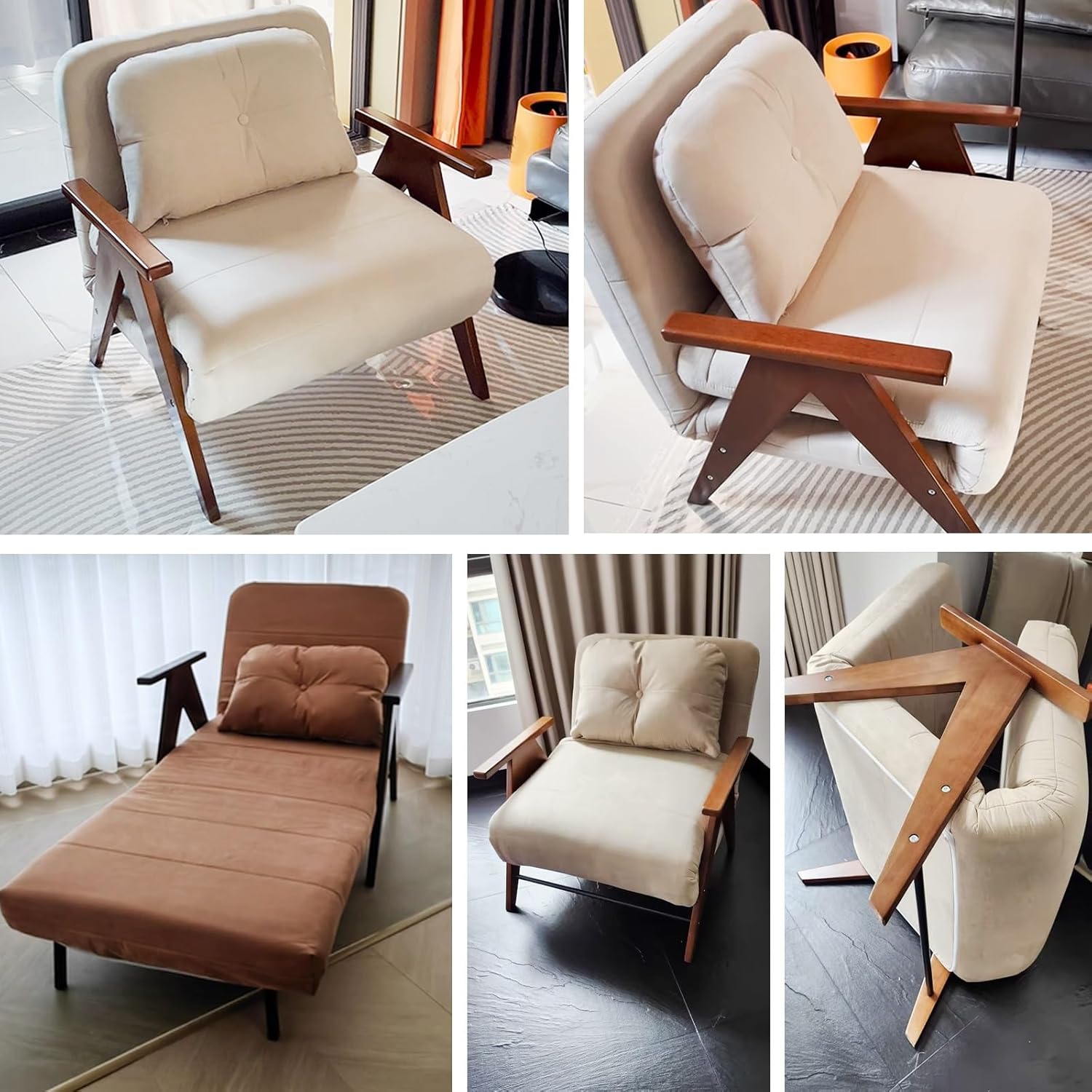 Convertible Sofa Chair Bed, Modern Small Couch with Solid Wood Arms & 6-Position Adjustable Backrest, Ideal for Apartments, Condos, Guest Rooms - Space-Saving Design