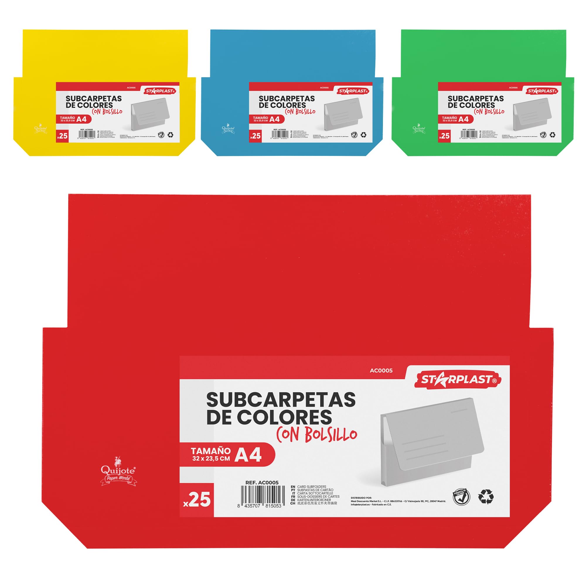 Quijote Paper World 100 Subcarpetas Cartulina 240gr/m2 colores básicos con bolsillo tamaño A4, 32 x 23,5 x 3 cm, para oficina, escolar, guardar archivos, almacenaje - 4 COLORES