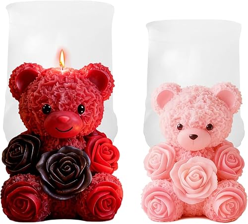 2 moldes de silicona de oso de rosas, moldes para hacer velas de oso de peluche 3D, adorno para moldes de resina epoxi para manualidades, molde de