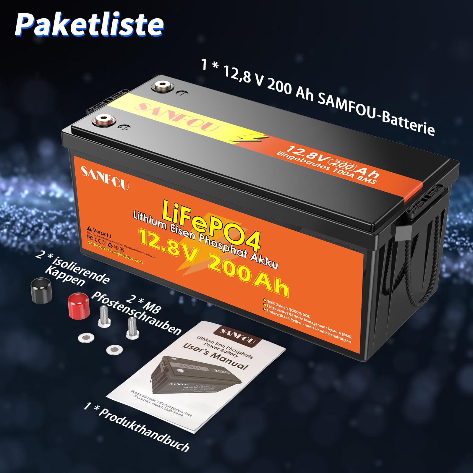 12V 200Ah LiFePO4 Batterie, 2560Wh Lithium Akku mit 100A BMS, 5000-15000 Mal Deep Cycle Batterien, Unterstützung 4S4P, perfekt als Stromquelle für Wohnmobile Camping