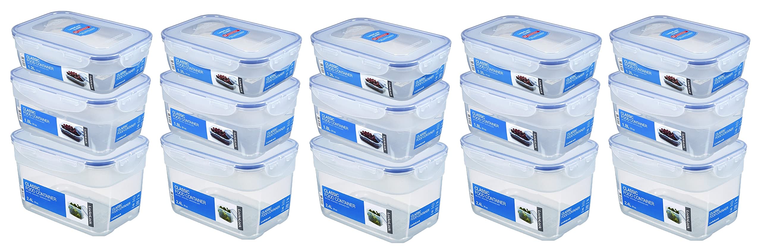 Lock&Lock zestaw pojemników na żywność, równa pokrywka, 15-częściowy (5 x 1,2 l, 5 x 1,8 l, 5 x 2,4 l), możliwość układania w stos, pusty pojemnik i wielofunkcyjna szpachelka do drewna oliwkowego SeleXions