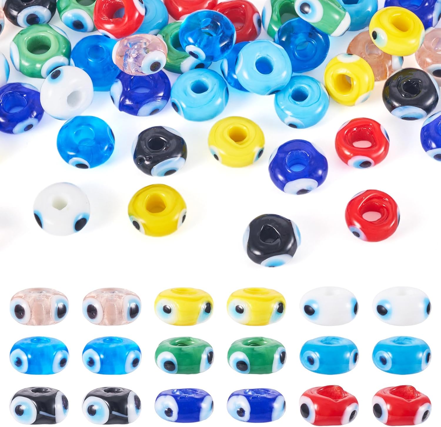 Cheriswelry 54Pcs Evil Eye Lampwork Glass Beads Flat Round Evil Eye Craft Beads Spacers 9 Colors 9-10mm for DIY Bracelets Earrings Necklace Jewelry Making