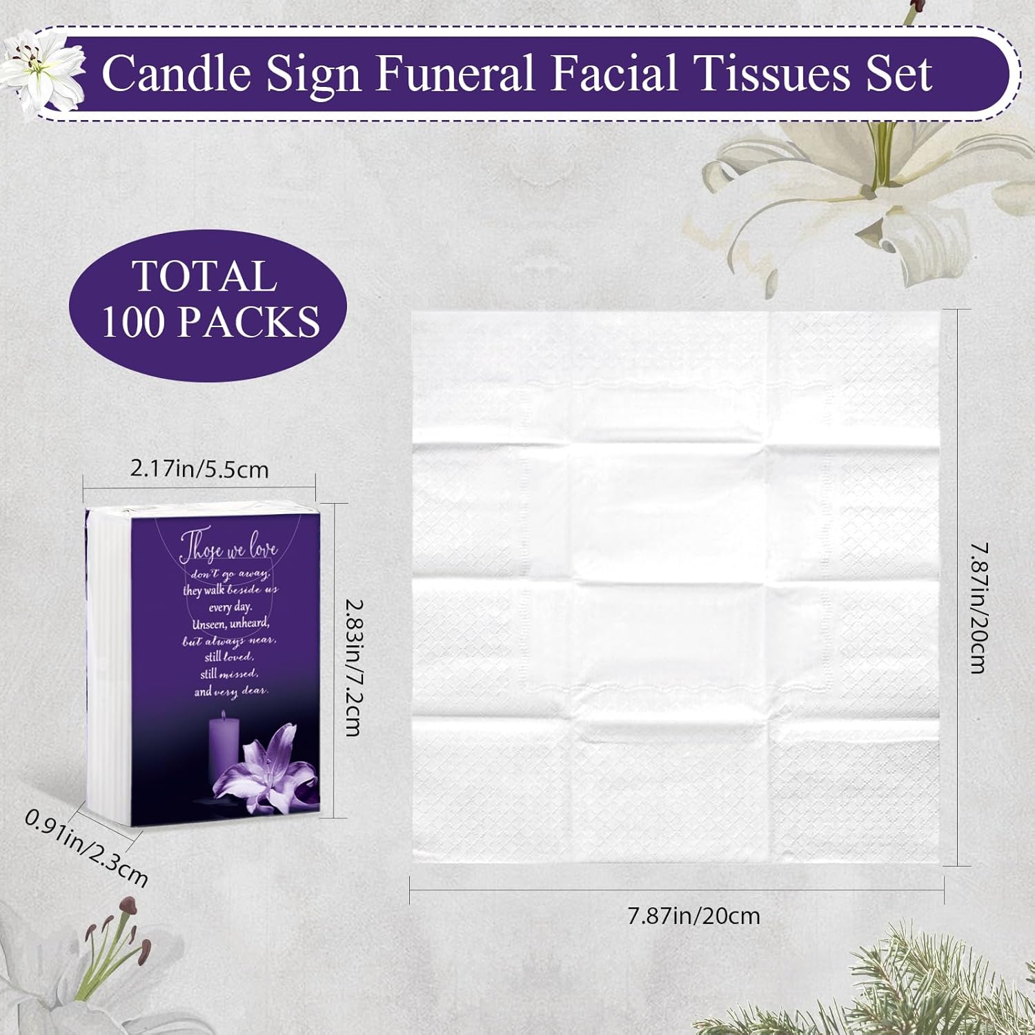 100 Packs Funeral Facial Tissues Memorial Keepsake Pocket Tissue Those We Love Don't Go Away Inspirational Poem Tissue 3 Ply Napkin Packs Funeral Favor for Guests Family Relative, 700 Sheets(Purple)