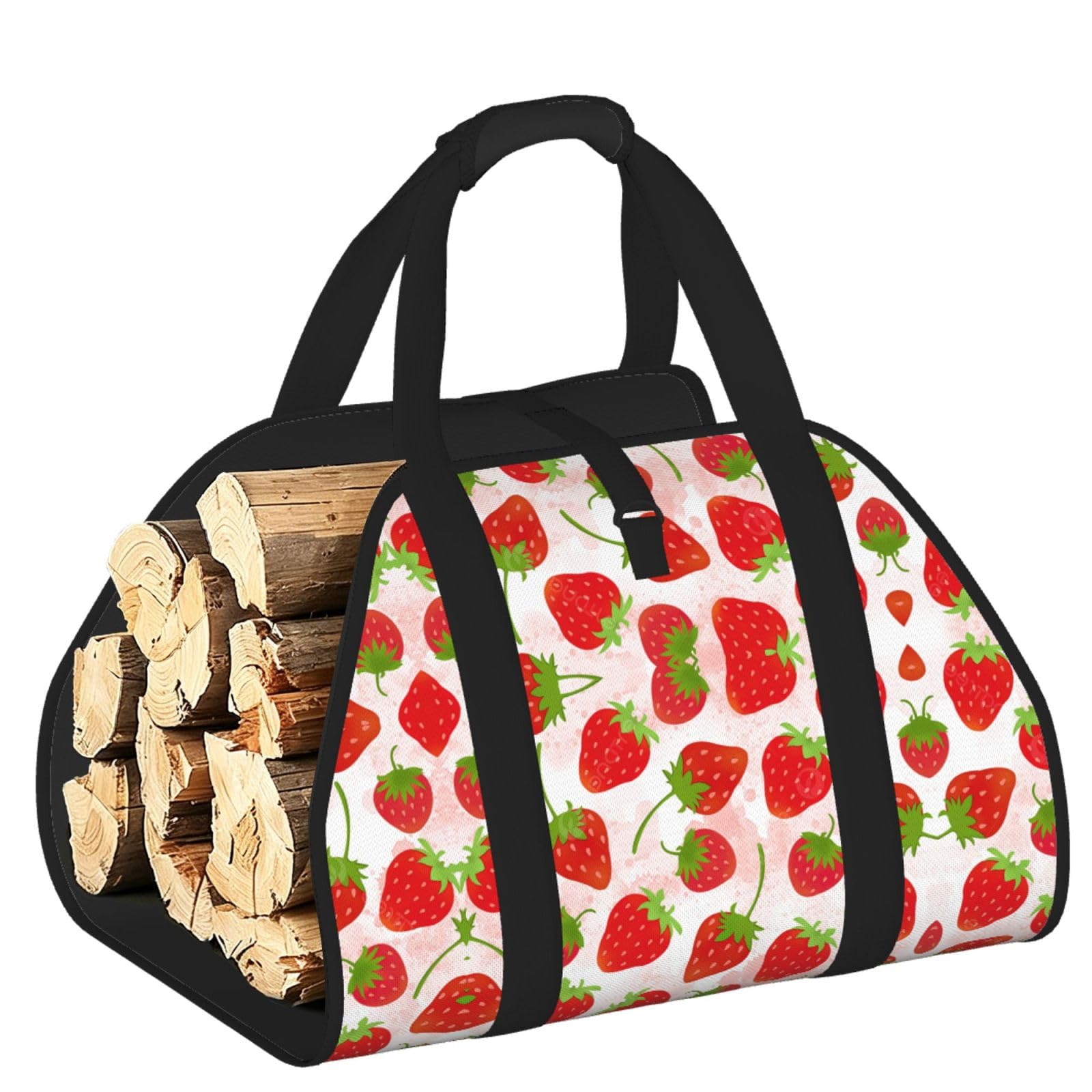 Strawberry Printed Firewood Carrier Bag, Log Tote with Open-Ended Design for Camping Outdoor Wood Hauling