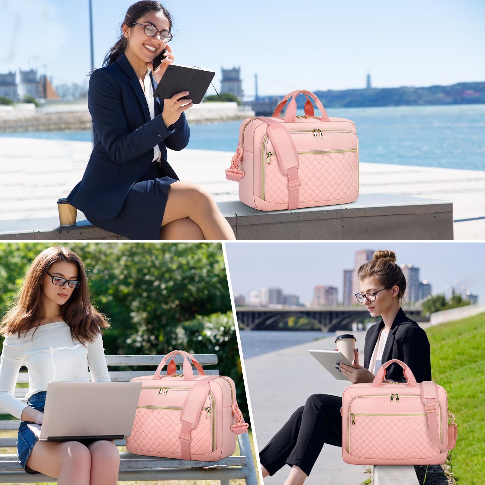 NEWHEY Borsa per computer portatile da 17,3 pollici valigetta per computer da donna grande borsa per computer | Borsa a tracolla impermeabile con tasche multiple e tracolla imbottita, per ufficio, lavoro, università, rosa