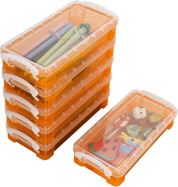 BSTKEY 6 Packs Plastic Stackable Pencil Box Pen Holder- Multifunctional Clear Storage Box Holder Plastic Stationery Case Office Home Container Organizer, Orange