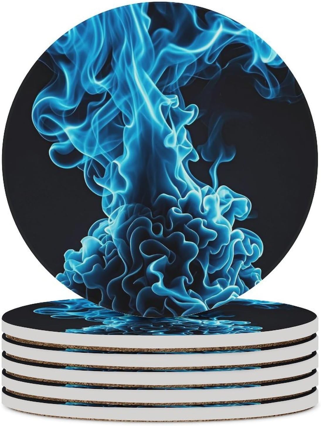6PCS Blue Flame Coasters Non-Slip Round Drink Coasters with Ceramic Stone and Cork Base, Heat Resistant Absorbent 33.00Stone Coaster Set for Kinds of Mugs and Cups, 4 Inch