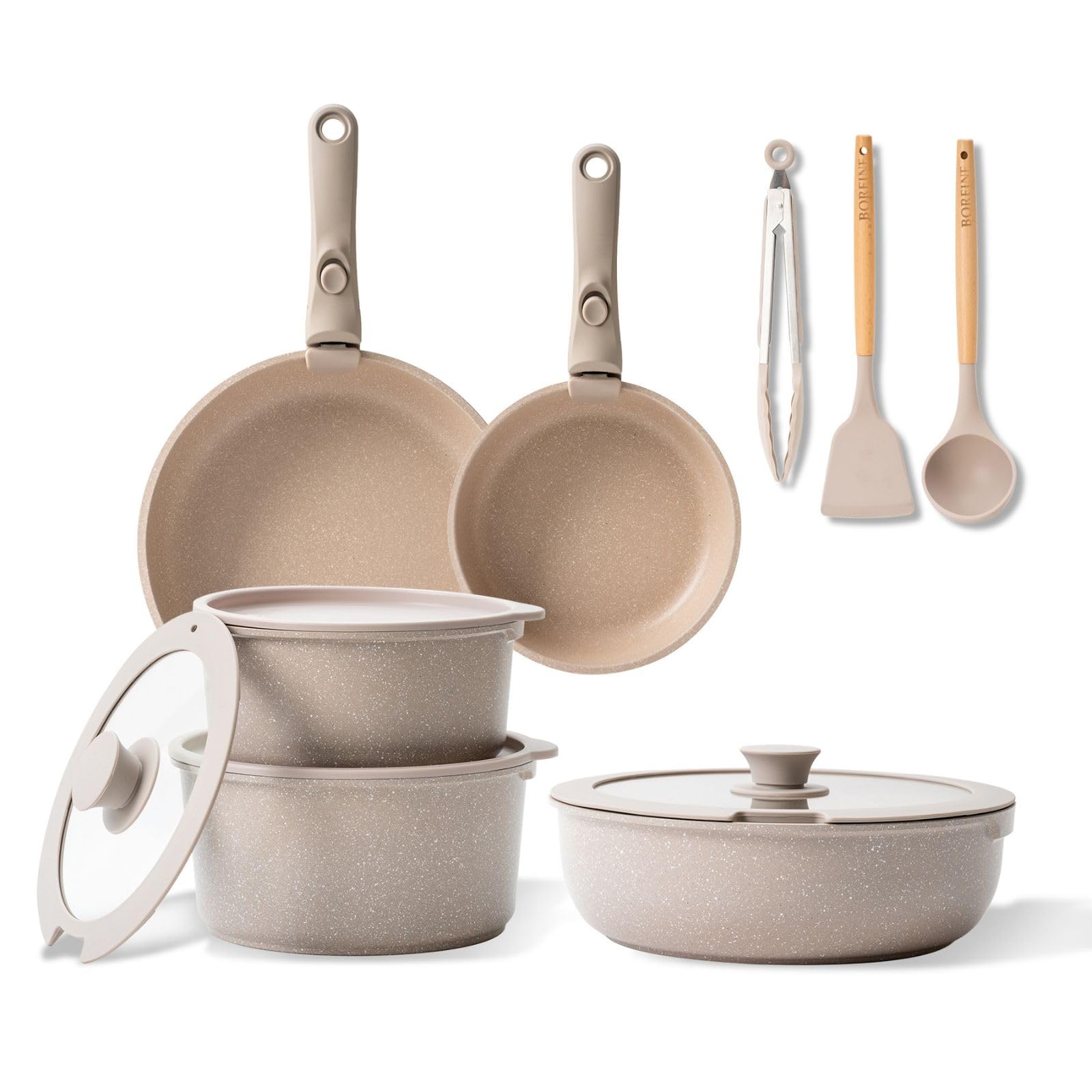 BOREINE Set di Pentole e Padelle 14 Pezzi, Batteria Pentole Antiaderente Senza PFOA e PTFE, Manico Removibile, Compatibile Induzione, Gas, Forno e Tutti i Piani Cottura, Marrone