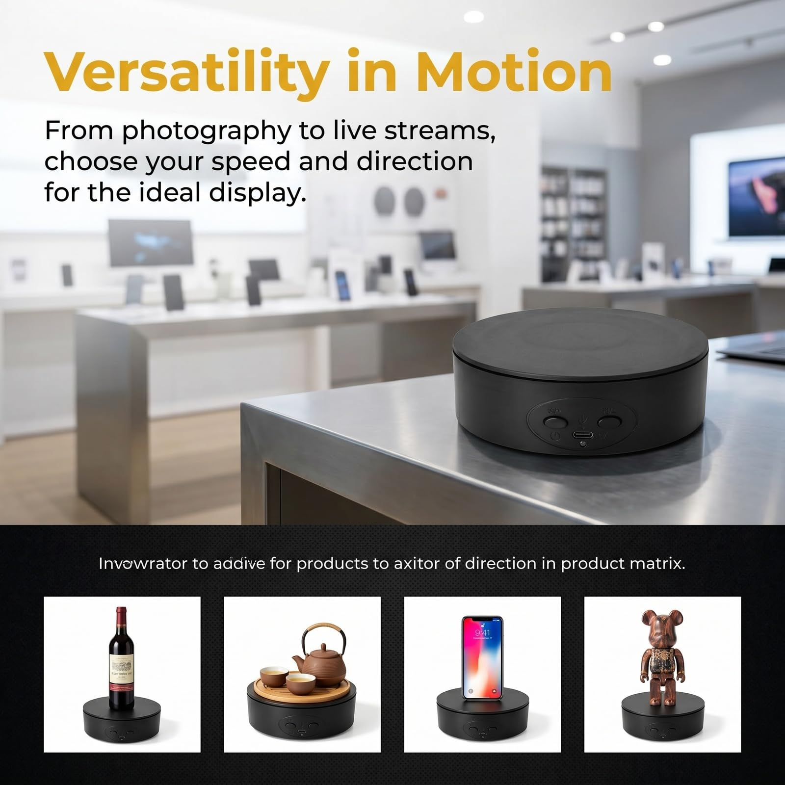 13CM Présentoir Rotatif Electrique, USB 360 degrés Plateau Tournant, Plateau Tournant de Photographie Silencieux, Affichage Rotatif du Produit pour Photographie, Prise de Vue Vidéo, Bijoux (Noir)