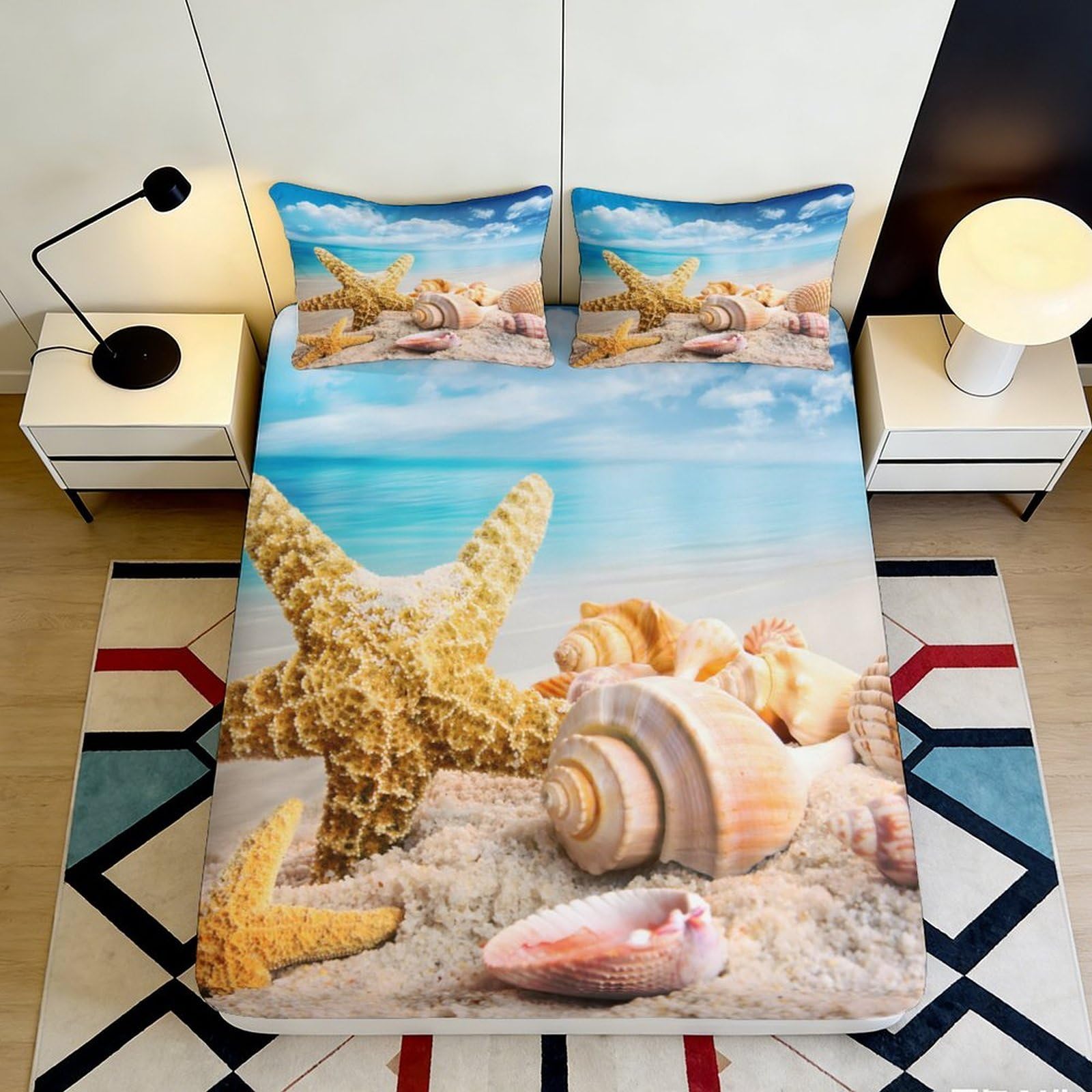 3D Printed Beach Starfish Fitted Sheet Microfiber Soft Sand Seashell Mattress Cover for Bedroom Dorm Home Decor 90x200x25cm