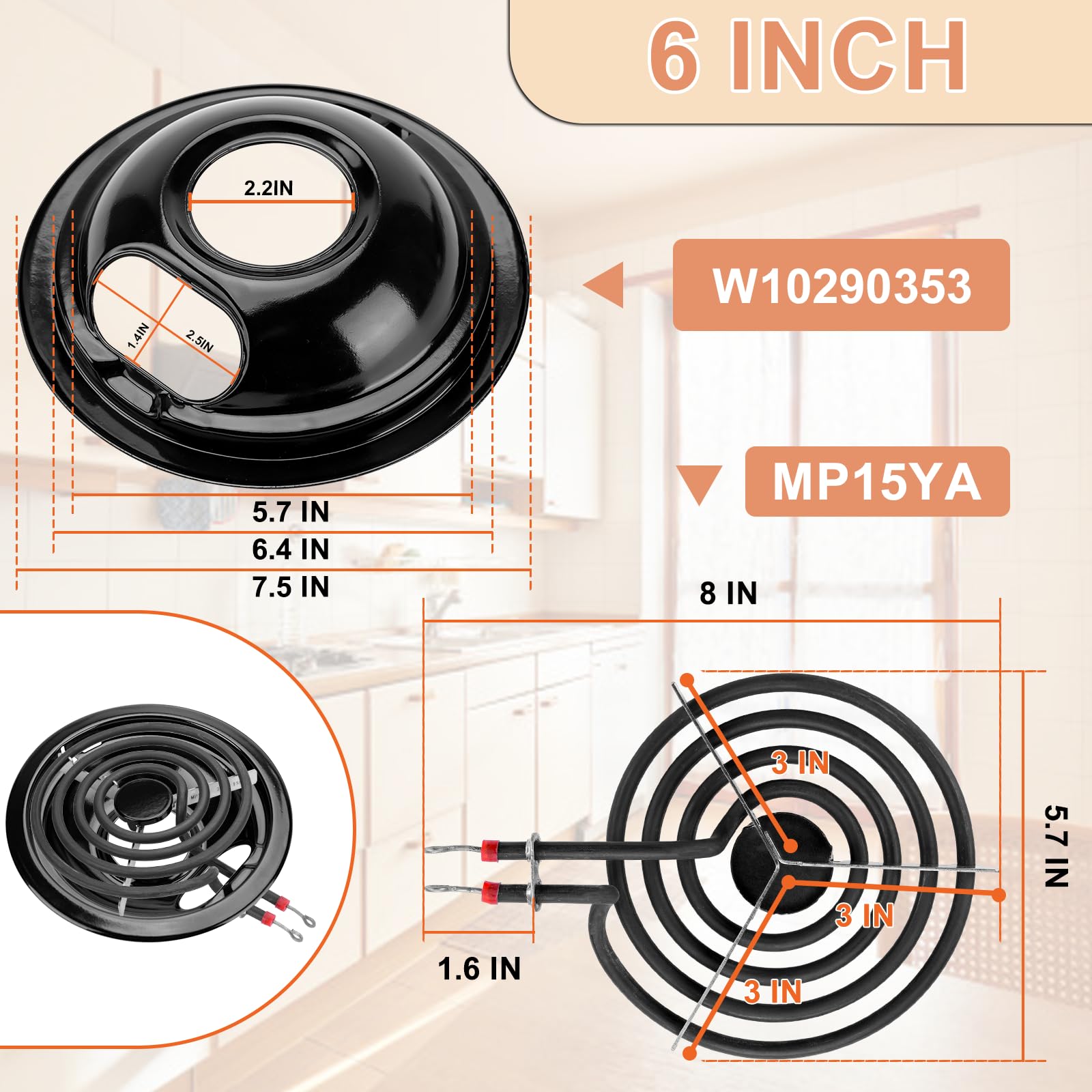 Cenipar W10290350 W10290353 - Juego de quemadores de porcelana negra y quemador eléctrico MP22YA, compatible con horno/estufa Whirl-pool Frigi-daire Ama-na Range
