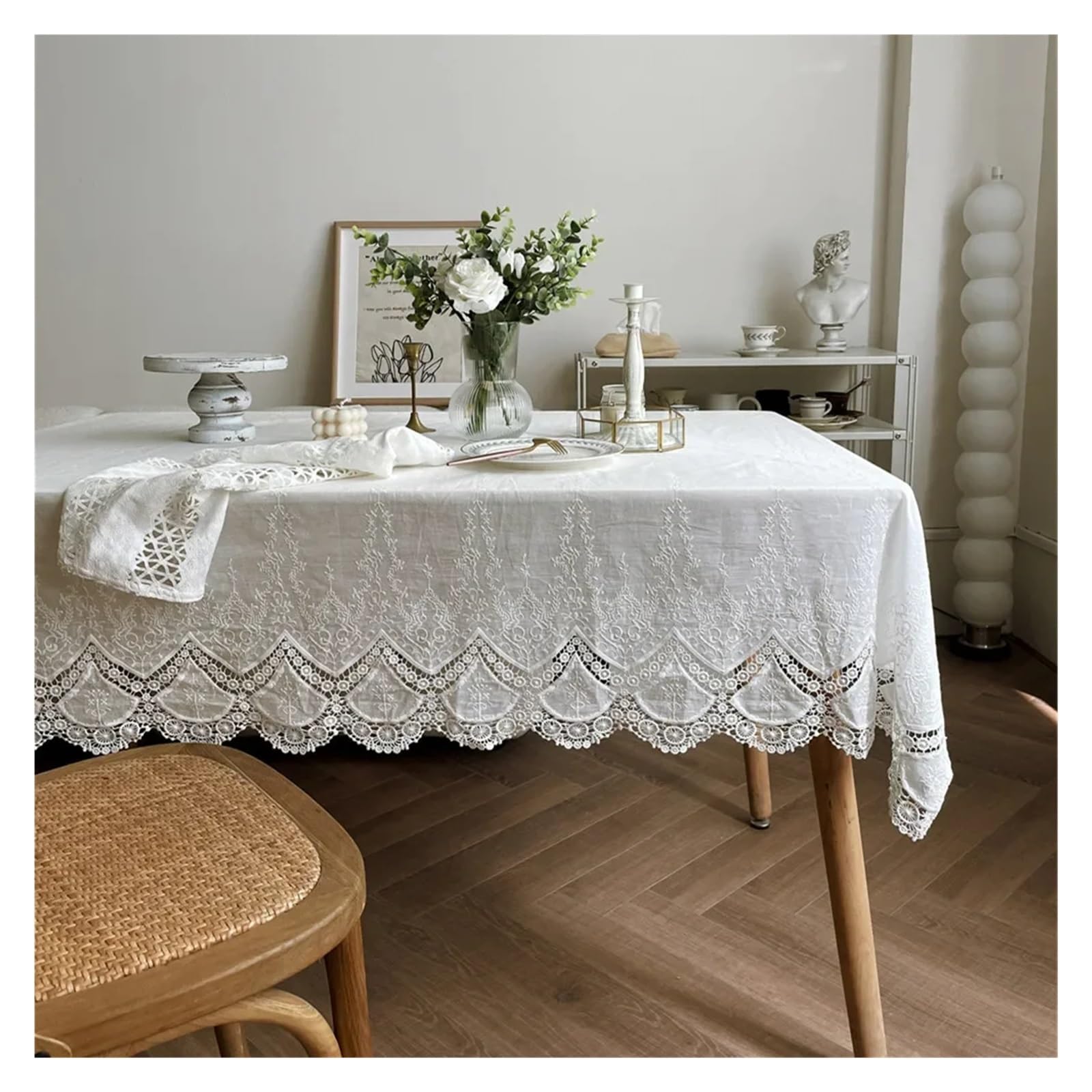 Mantel de Navidad White Lace Flower Embroidery Cotton Tablecloth Luxurious Table Cover For Wedding Party Decoration Feast Cloth(135x200cm)