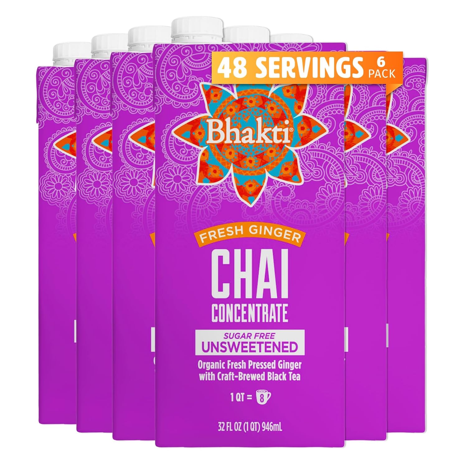 Bhakti Chai Tea Concentrate | Unsweetened Sugar-Free Tea, Fresh Organic Ginger, Black Tea, Spiced, Dairy-Free, Vegan (Pack of 6) (48 Servings)