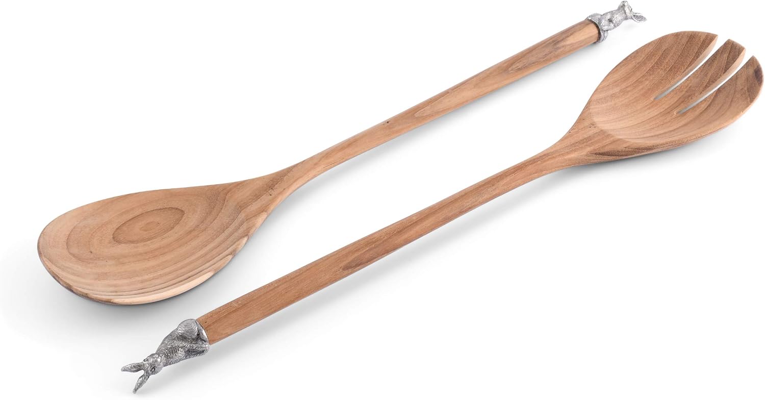 Vagabond House Teak Salad Servings with Pewter Bunny 14 Inch Long