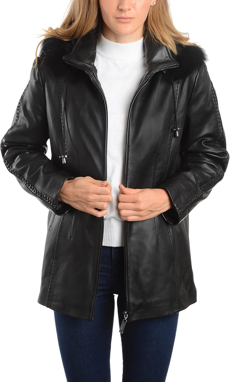 REED EST. 1950 Women’s 28" Leather Coat – Genuine Leather with Fox Trim Detachable Hood and Braided Trim - Image 4