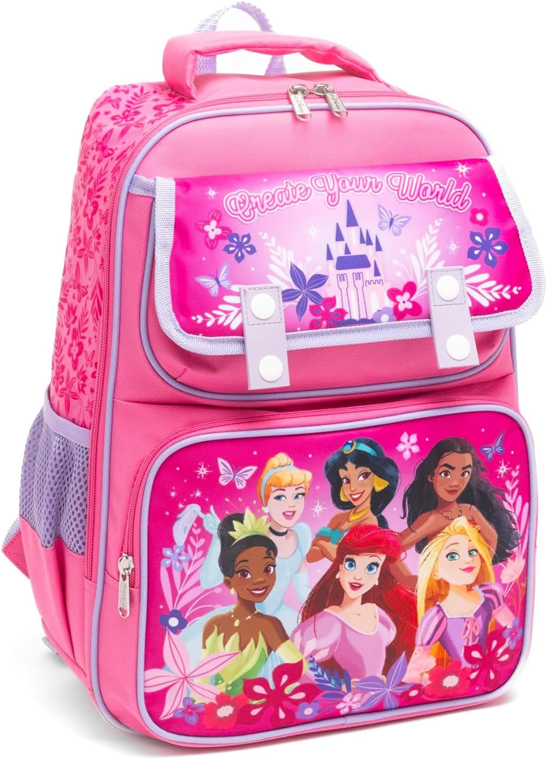 Disney Princess Backpack for Girls - Bundle with 15” Backpack Featuring Ariel, Rapunzel, Moana, More Plus Water Bottle, Stickers | Disney Princess School Bag for Girls, Kids